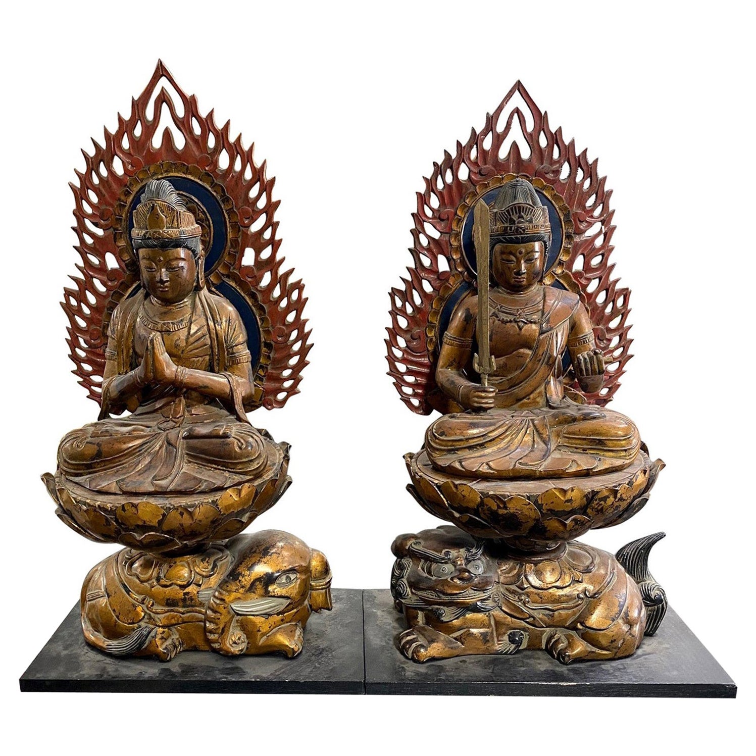 Japanisches antikes Paar buddhistischer japanischer Monju Fugen Bosatsu Nyorai-Tempelschrein-Buddhas