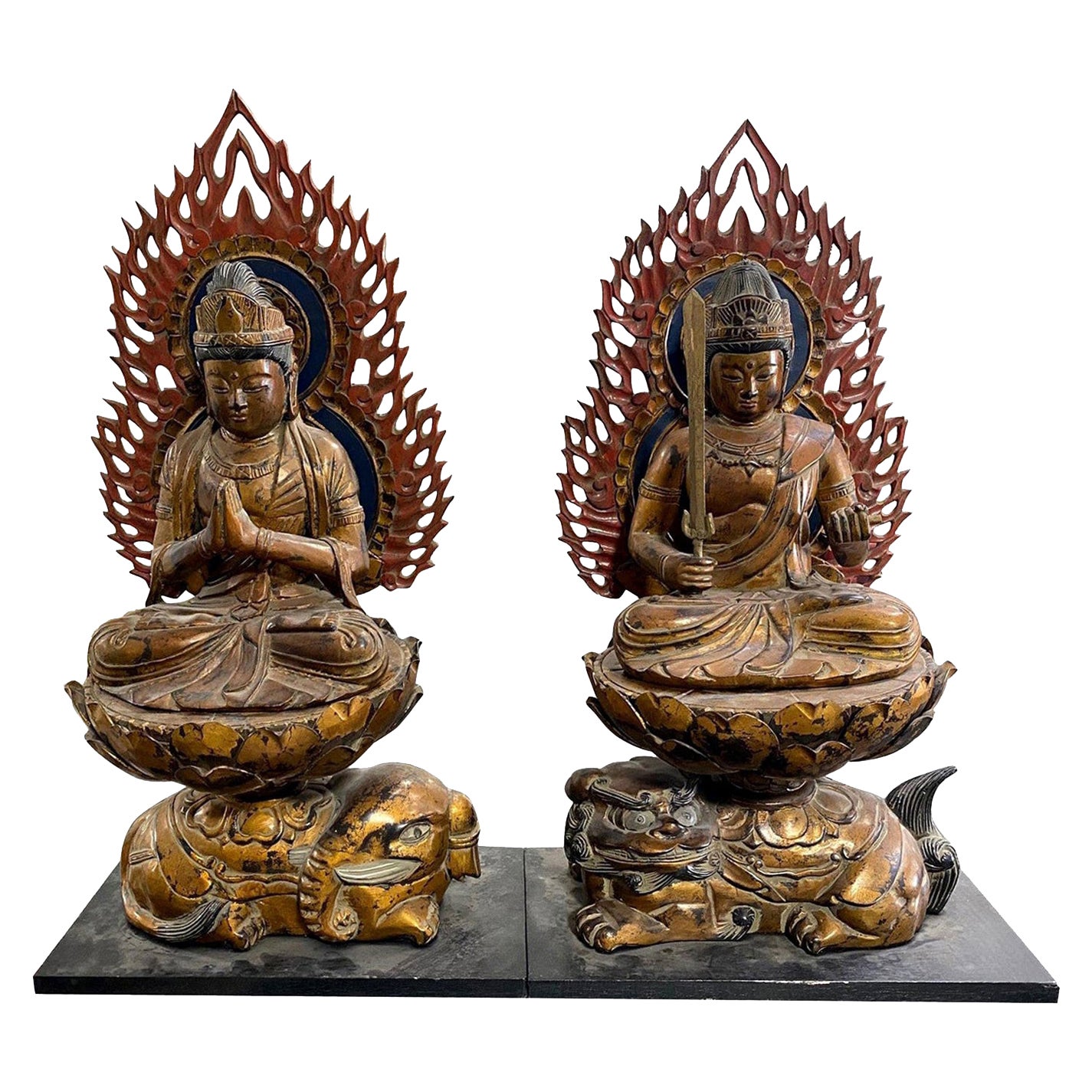 Japanese Antique Pair Buddhist Monju Fugen Bosatsu Nyorai Temple Shrine Buddhas
