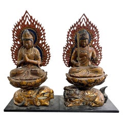 Par Antiguo Japonés Budista Monju Fugen Bosatsu Nyorai Templo Santuario Budas