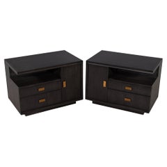 Pair of Modern End Tables in Grey Charcoal Finish and Bronzed Hardware