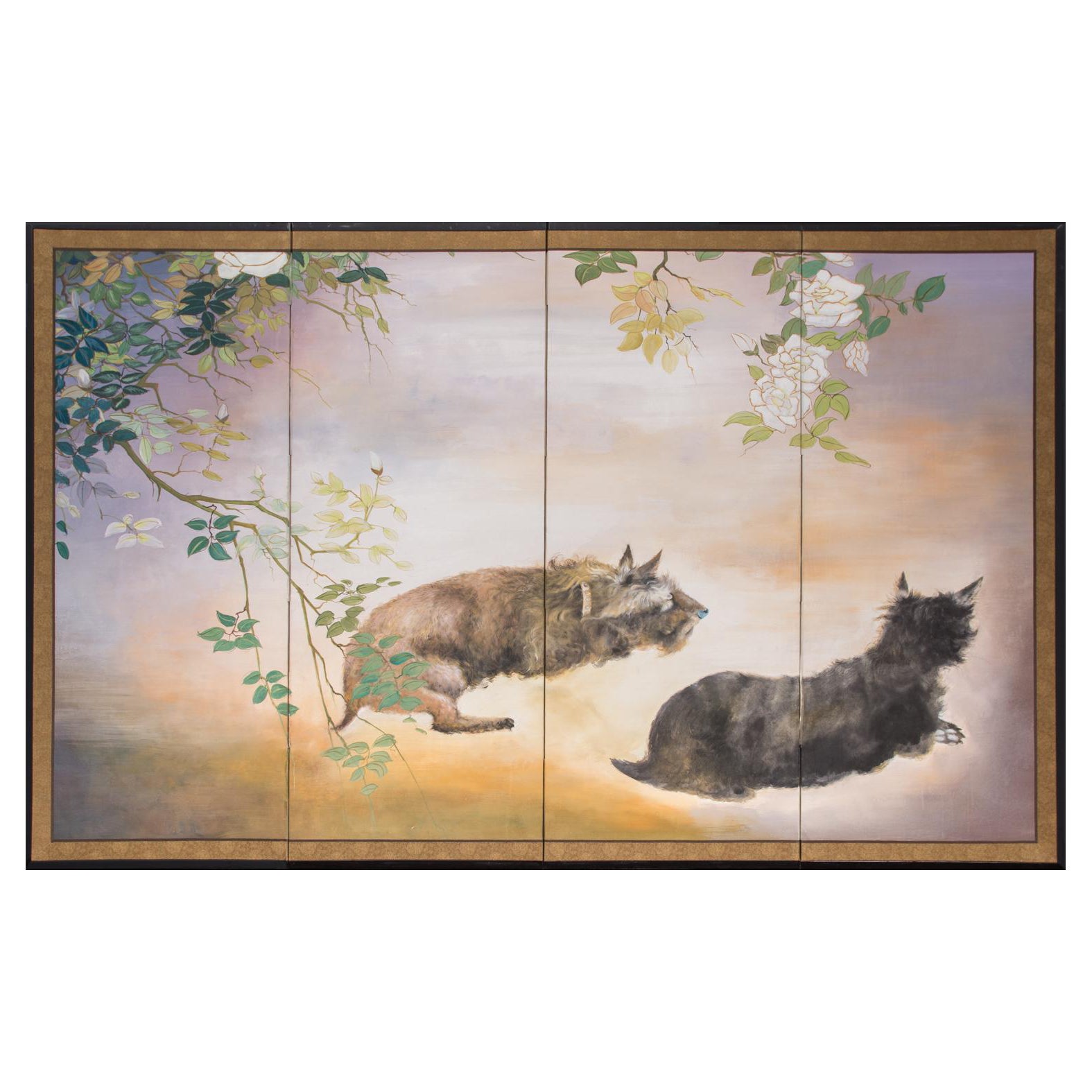 Japanese Four Panel Screen: Scotties Under Roses