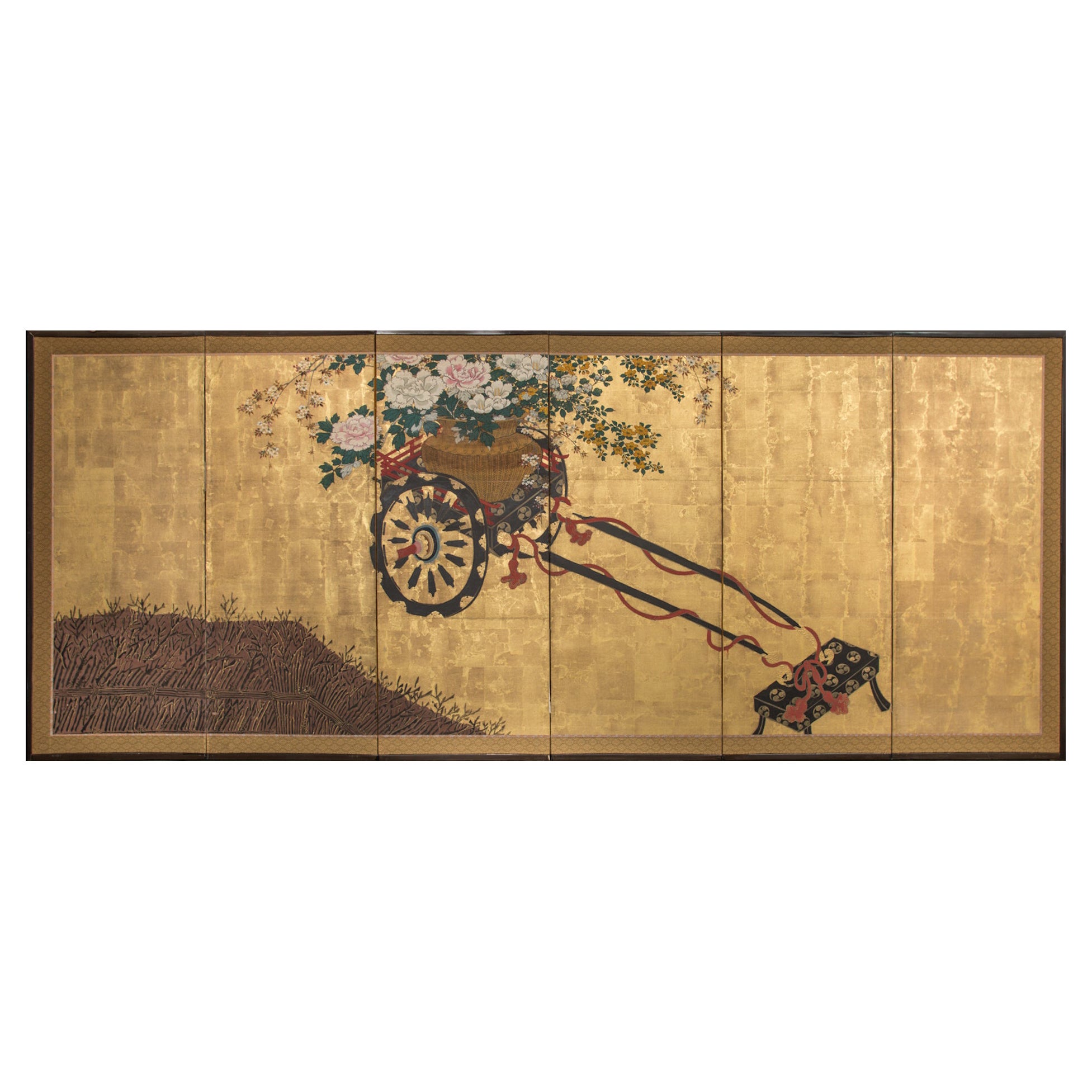 Japanese Six Panel Screen: Black and Gold Lacquer Flower Festival Cart For Sale