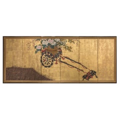 Antique Japanese Six Panel Screen: Black and Gold Lacquer Flower Festival Cart