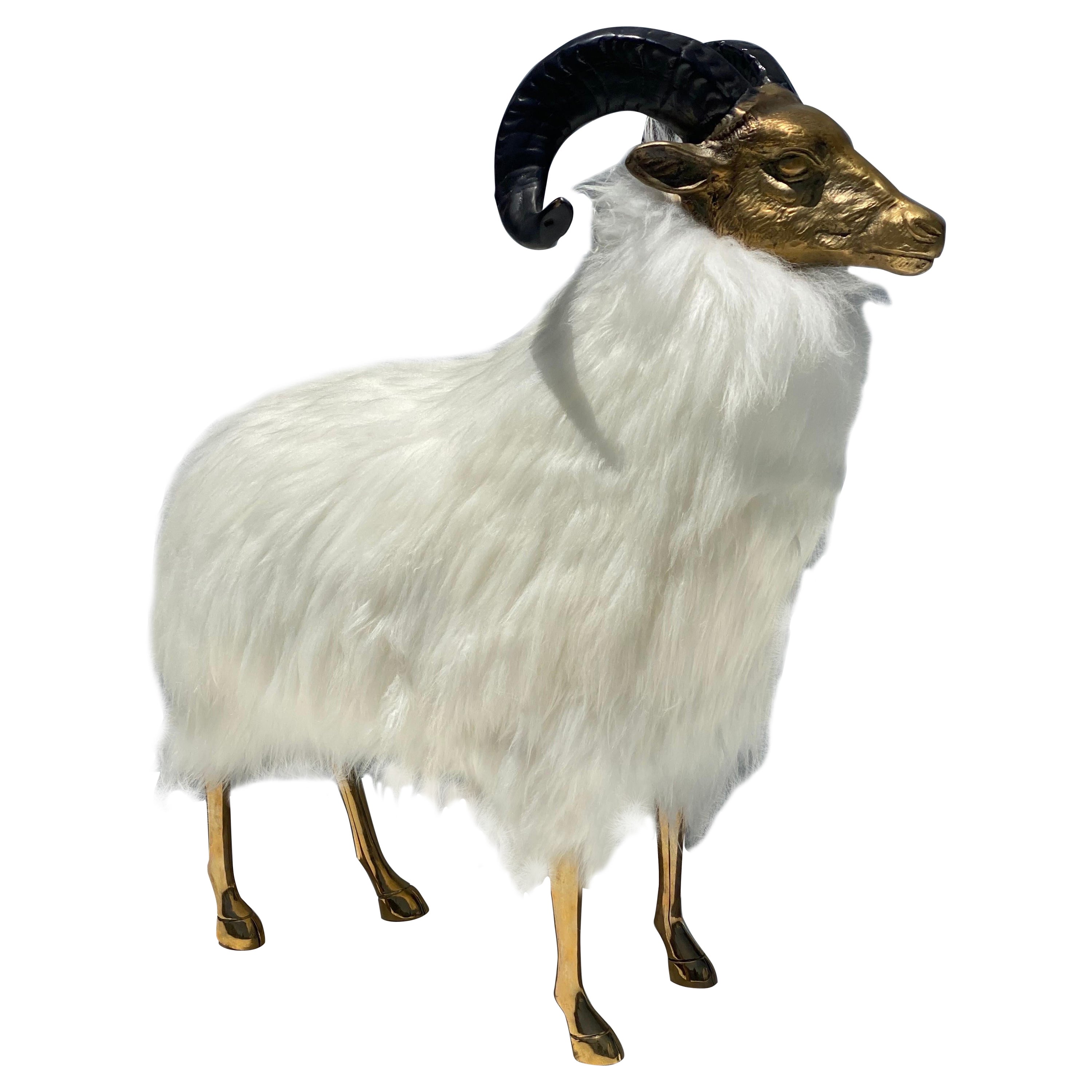 Brass Sheep / Ram Sculpture in White Fur  For Sale