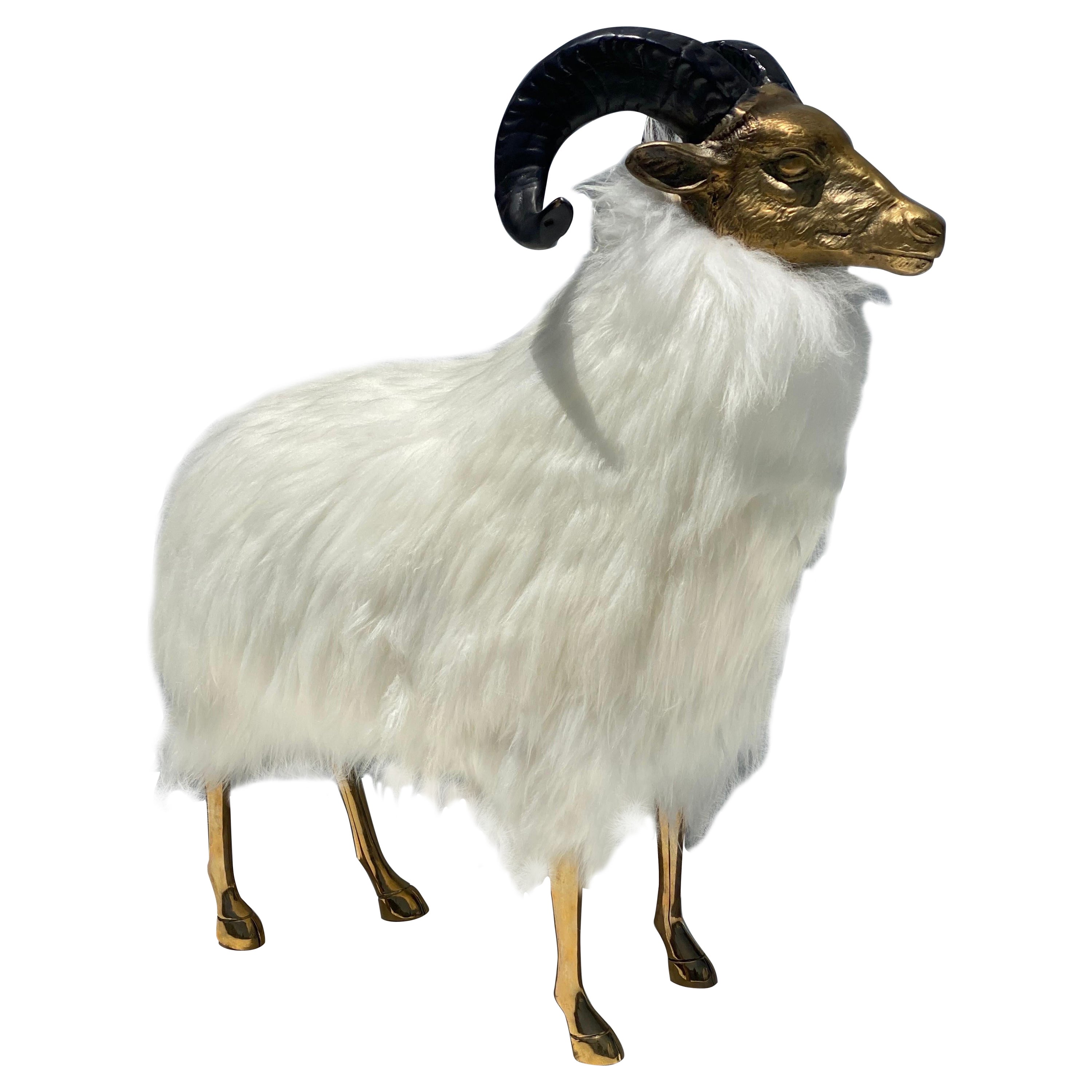 Brass Sheep / Ram Sculpture in White Fur 