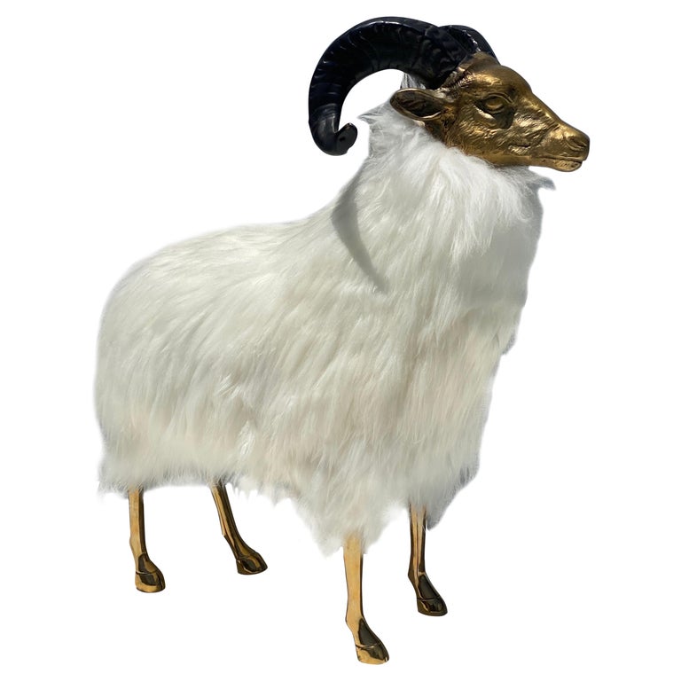 Brass Sheep / Ram Sculpture in White Fur For Sale