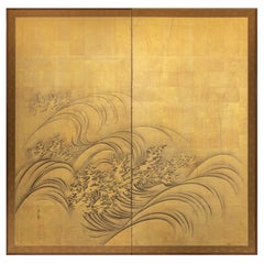 Paravent japonais à deux panneaux : vagues sur or