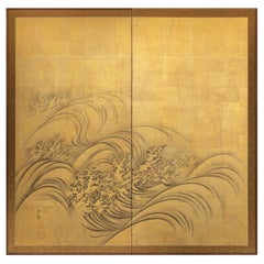 Antique Japanese Two Panel Screen: Waves on Gold