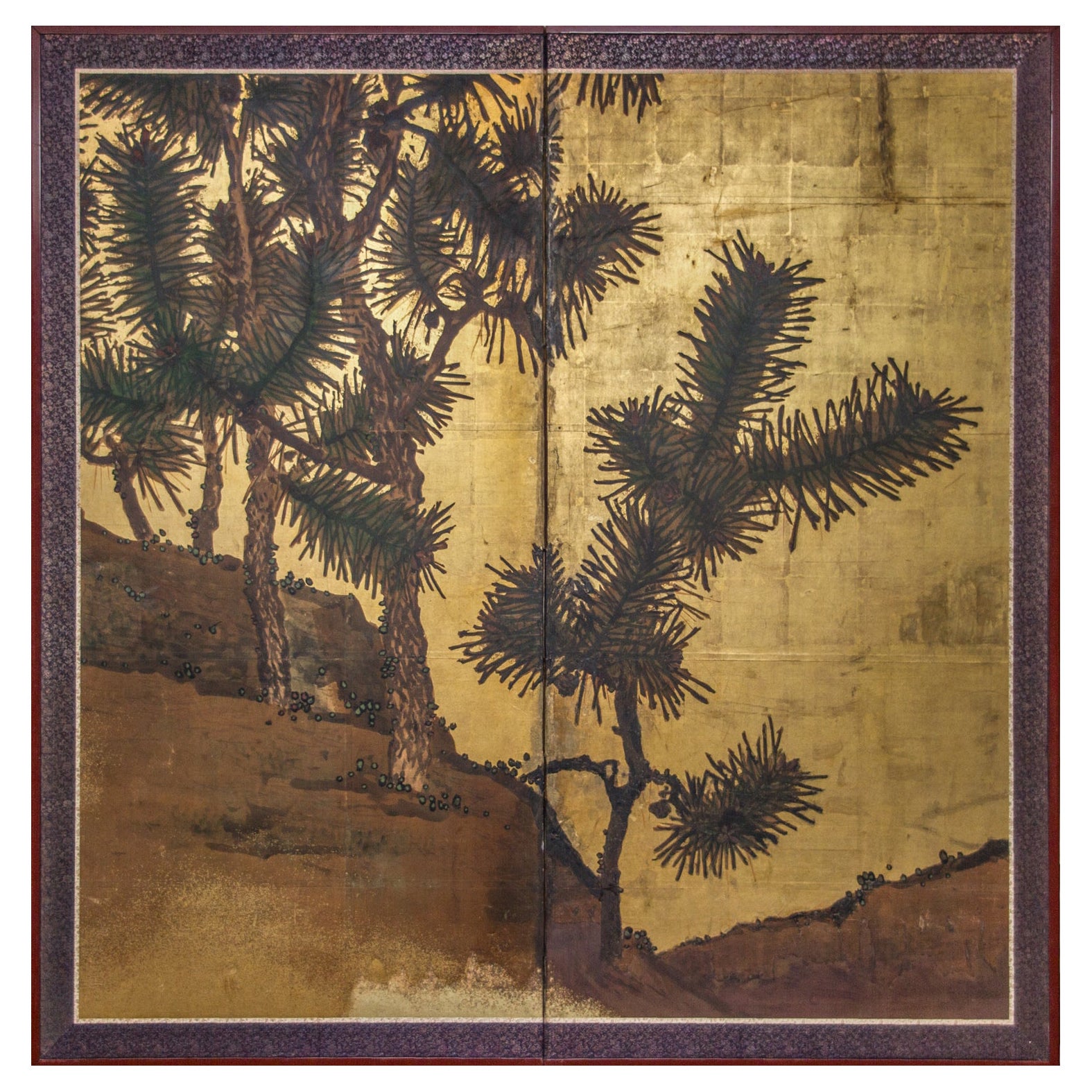 Japanese Two Panel Screen Young Pine and Pine Cones on Gold