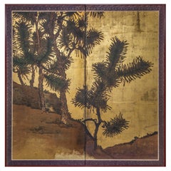 Japanese Two Panel Screen Young Pine and Pine Cones on Gold