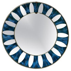 Spanish Mid-Century Mirror with Brass Frame and Blue Foil Inlays