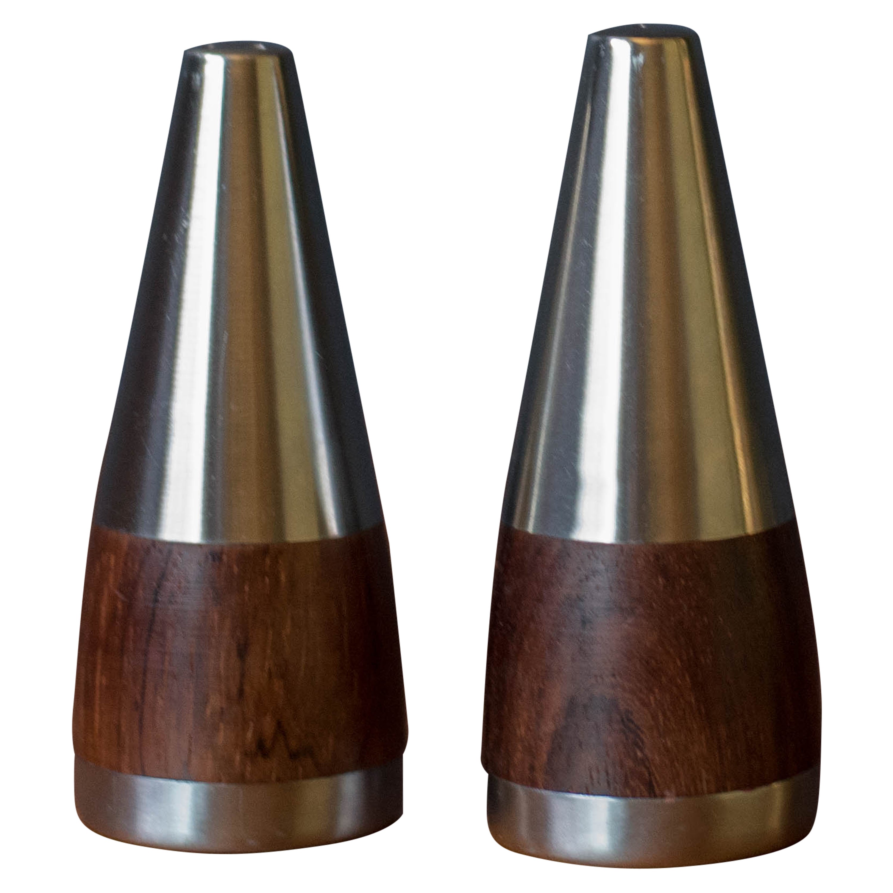 Vintage Danish Pair of Rosewood and Stainless Steel Salt and Pepper Shakers