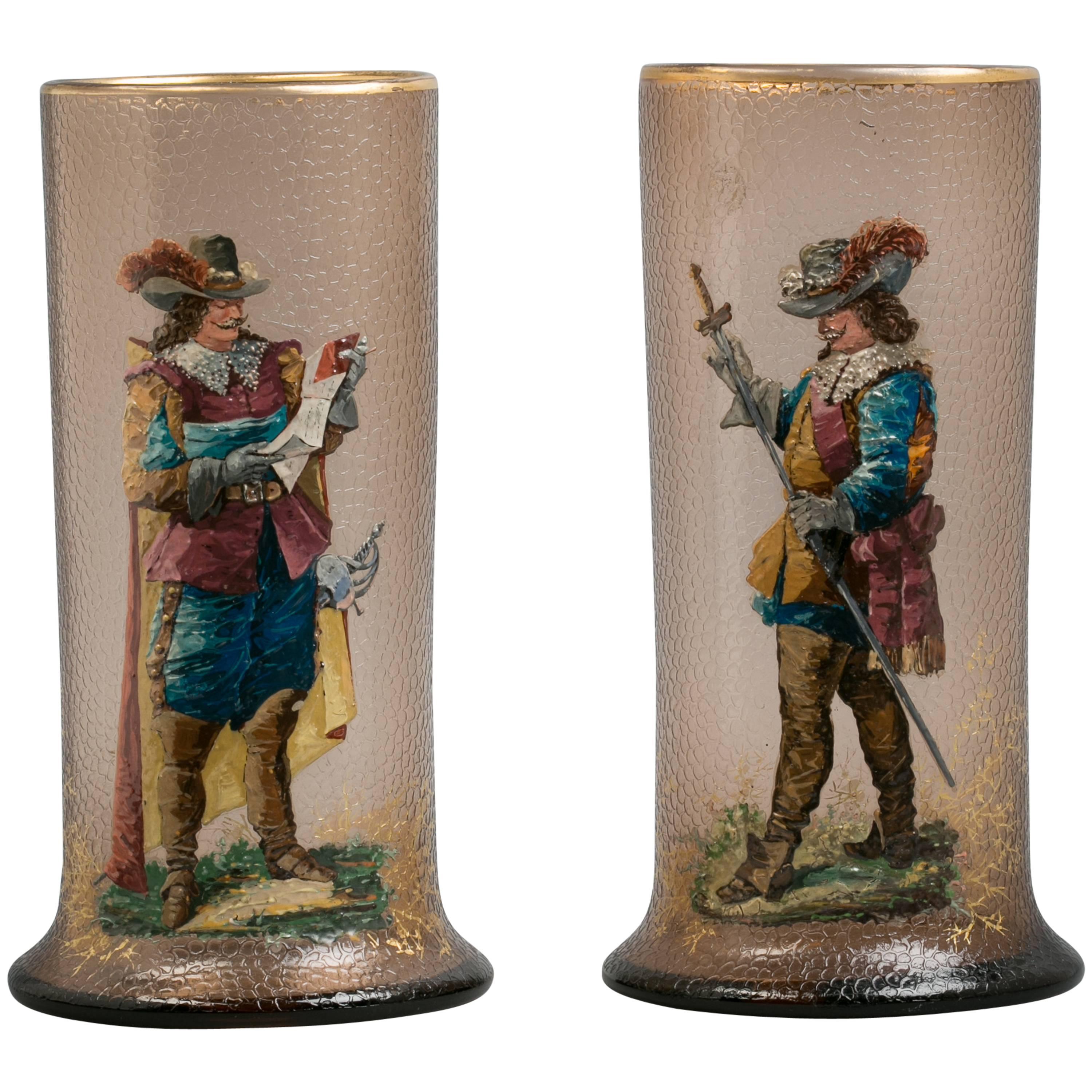 Pair of Bohemian Enameled Glass Vases, circa 1890 For Sale