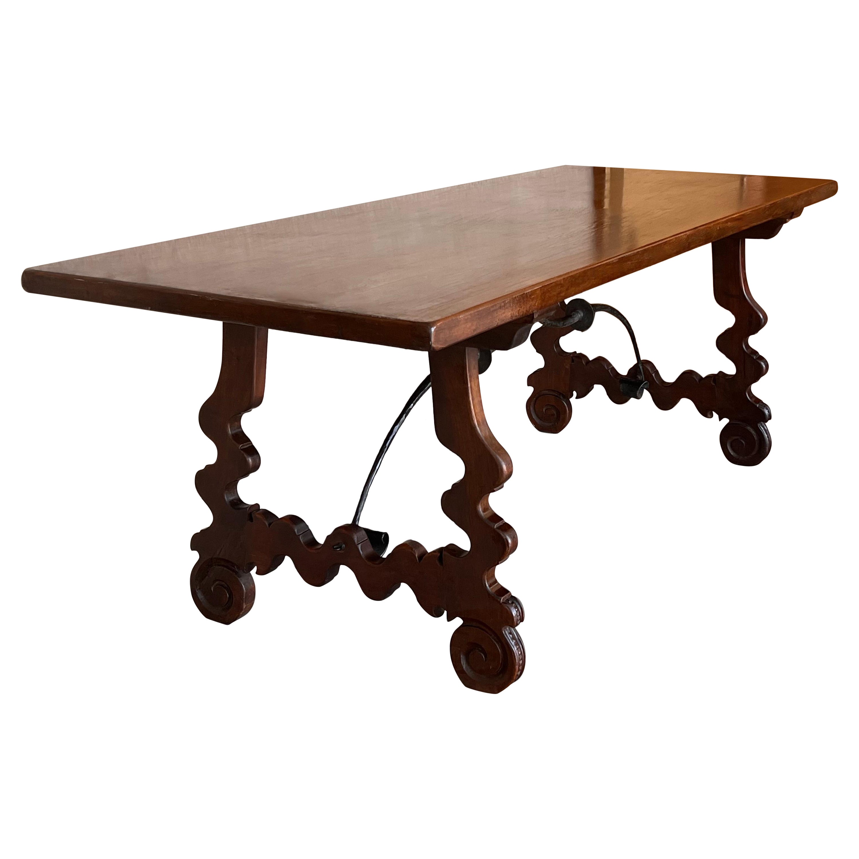 20th Century Spanish Baroque Carved Walnut Lyre Legs Trestle Dining Farm Table