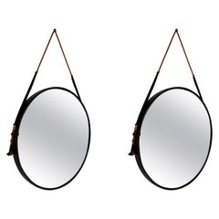 Set of 2 Mid-Century Modern Italian Round Wall Mirrors, 1960s, Black Iron Frame