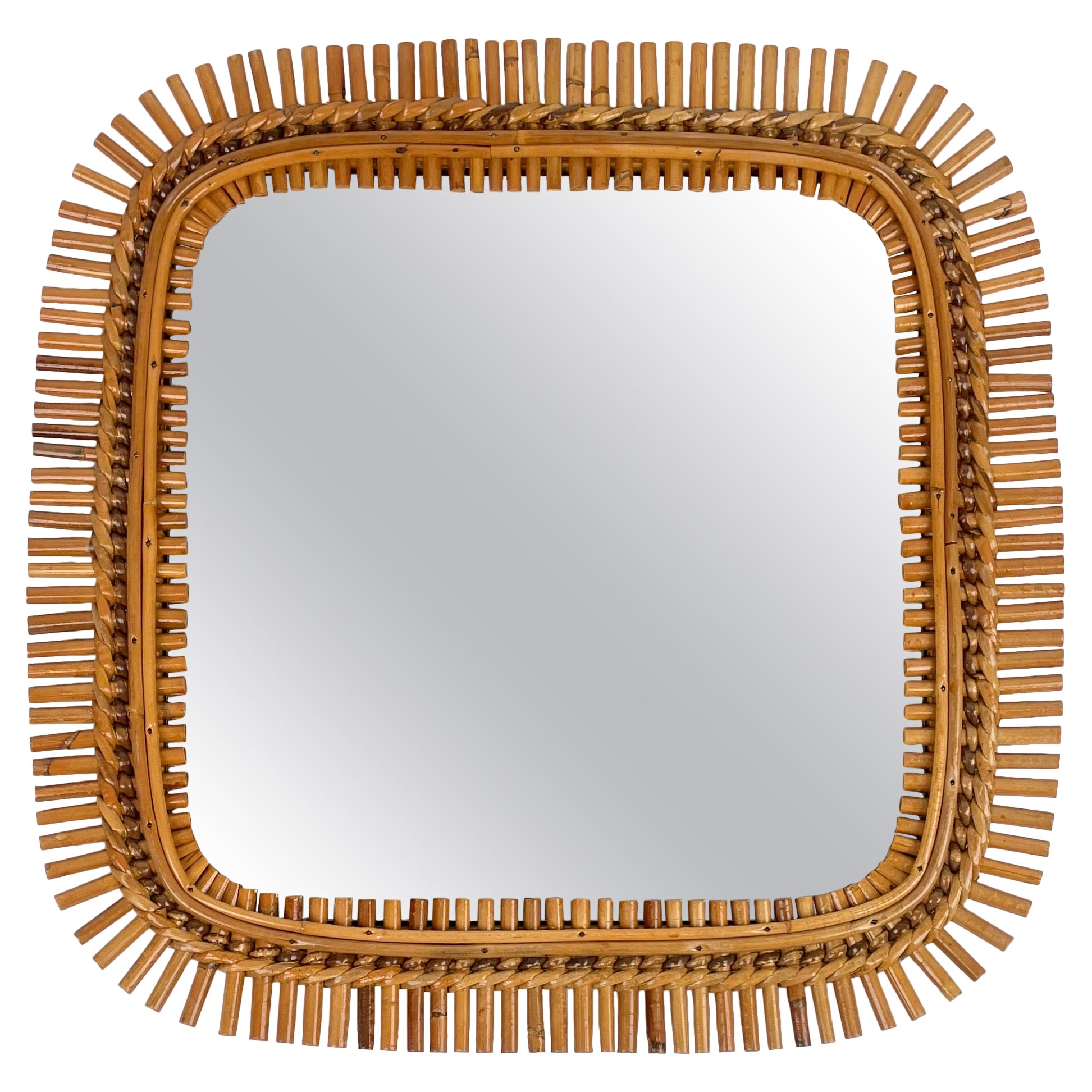 Mid-Century Rattan & Bamboo Squared Wall Mirror, Italy 1960s