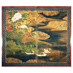 Used Edo Japanese Two Panel Screen, Landscape with Ducks