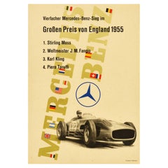 Póster original de época Victoria en el Gran Premio de Inglaterra de Mercedes Benz Stirling Moss