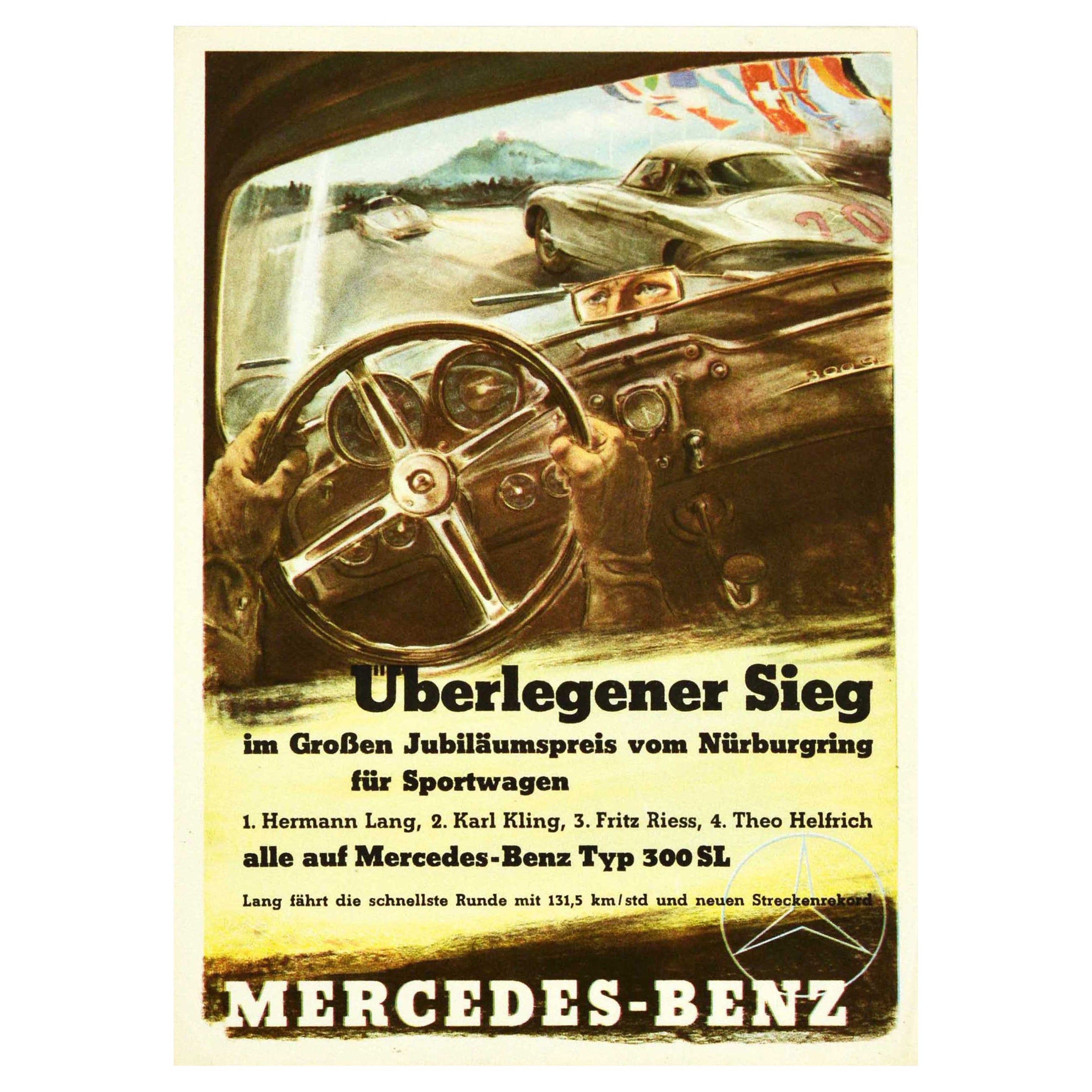 Original Vintage Motor Sport Advertising Poster Mercedes Benz Nurburgring 300SL