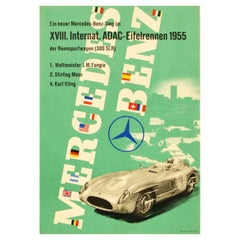 Affiche originale de sport vintage Mercedes Benz Victory ADAC, 1955, 300SLR Fangio