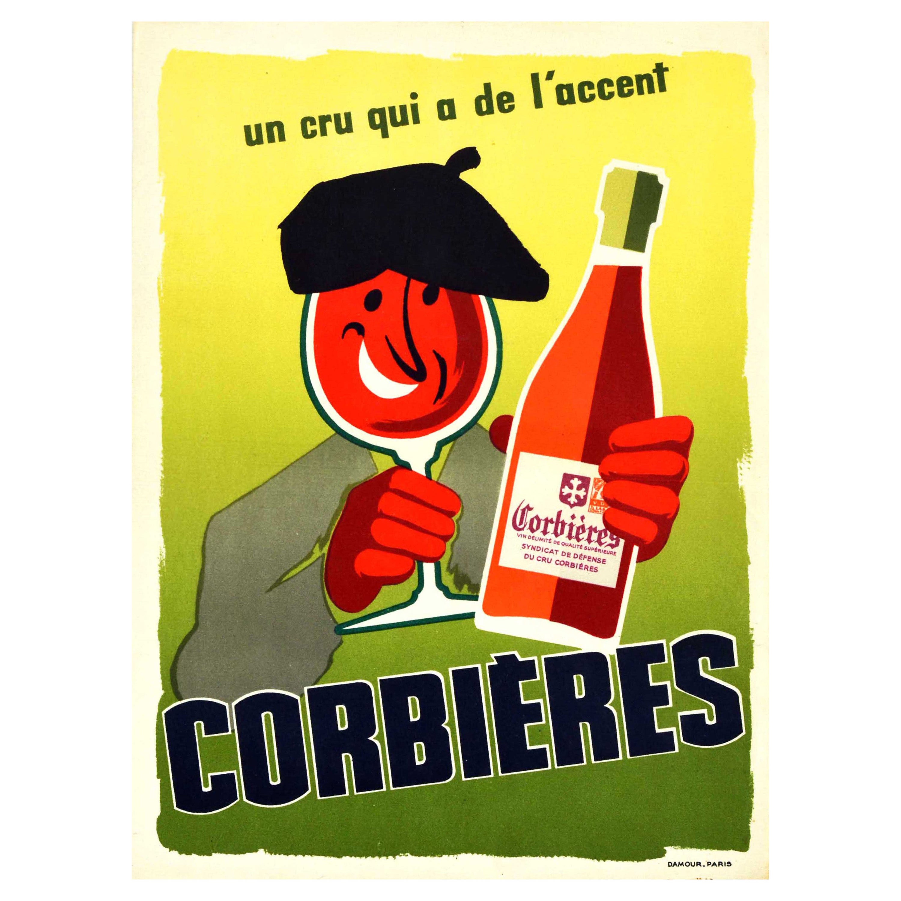 Affiche rétro originale Corbieres AOC Wine France Languedoc Roussillon en vente
