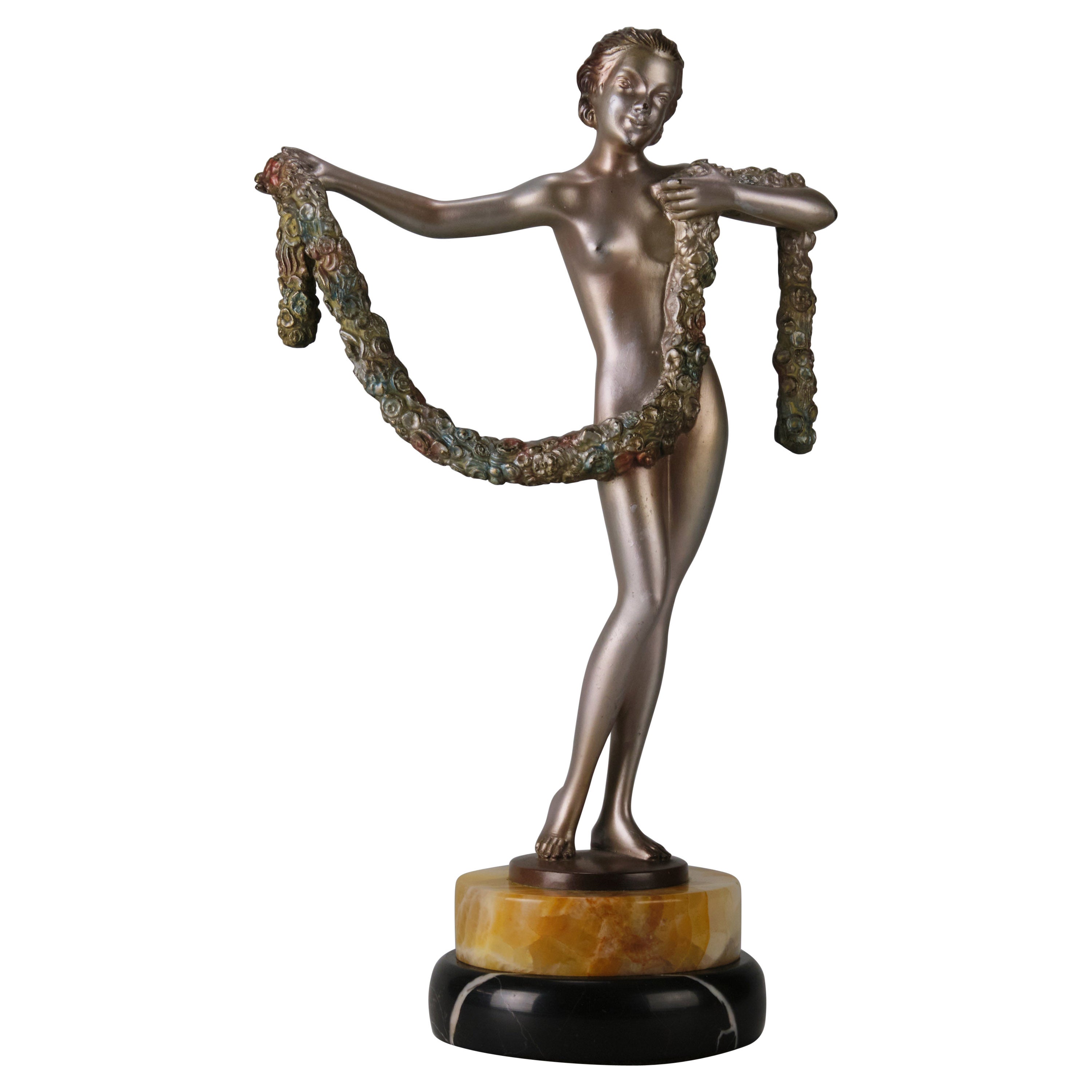 Early 20th C Cold-Painted Austrian Bronze Entitled "Garland Dancer" by Lorenzl For Sale