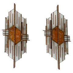 Pair of Hammered Glass Wrought Gilt Iron Sconces by Biancardi, Italy, 1970s