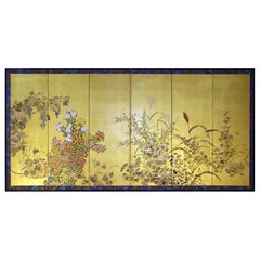 Used Six-Panel Japanese Screen on Golden Silk