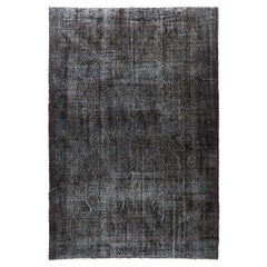 Retro 7x10.6 Ft 1950s Turkish Wool Area Rug in Solid Charcoal Gray. Handmade Carpet