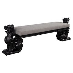 Vintage Ebonized Asian Dragon Head Hall Bench