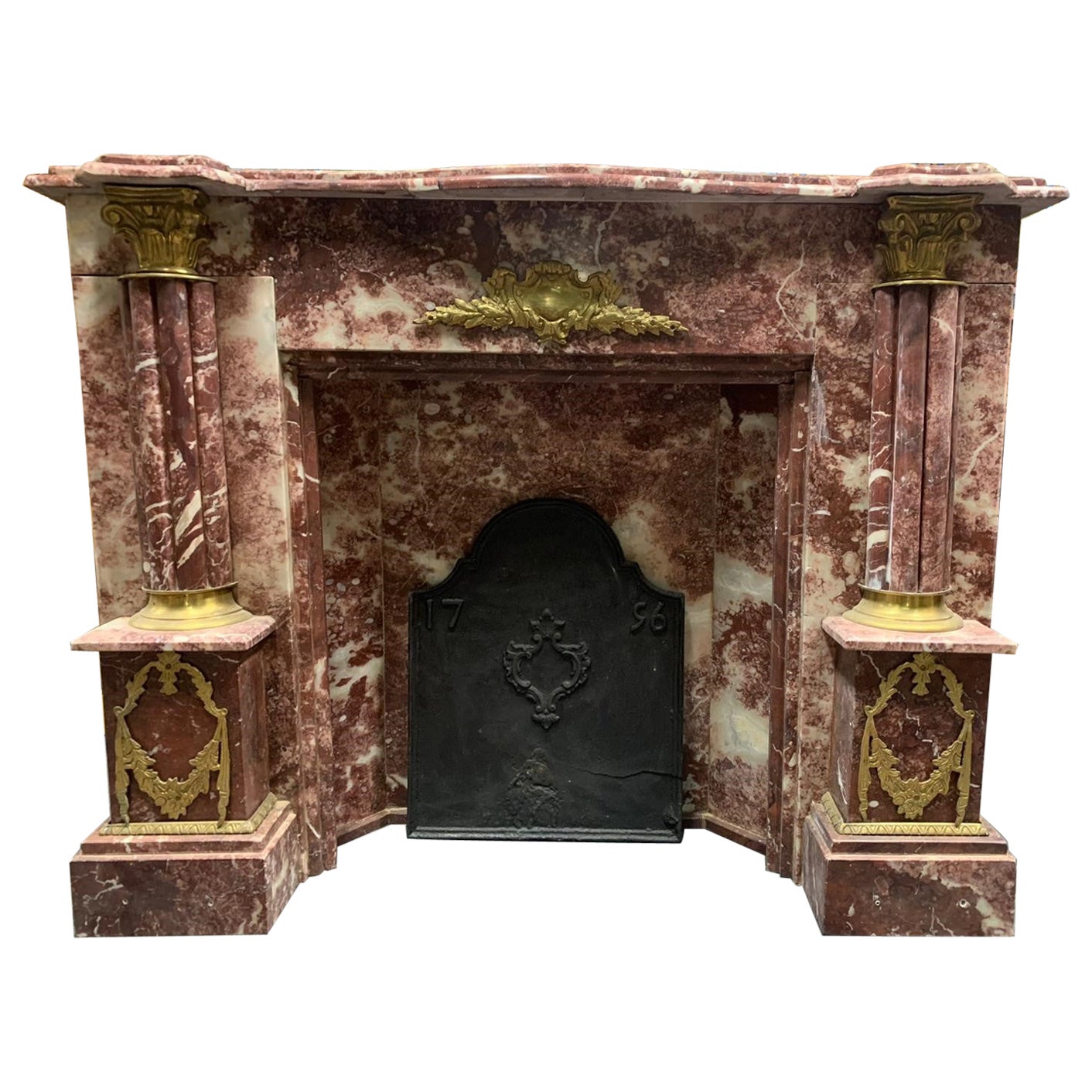 Vintage Fireplace Mantle in Red Marble with Brass Decorations, 1920s Italy
