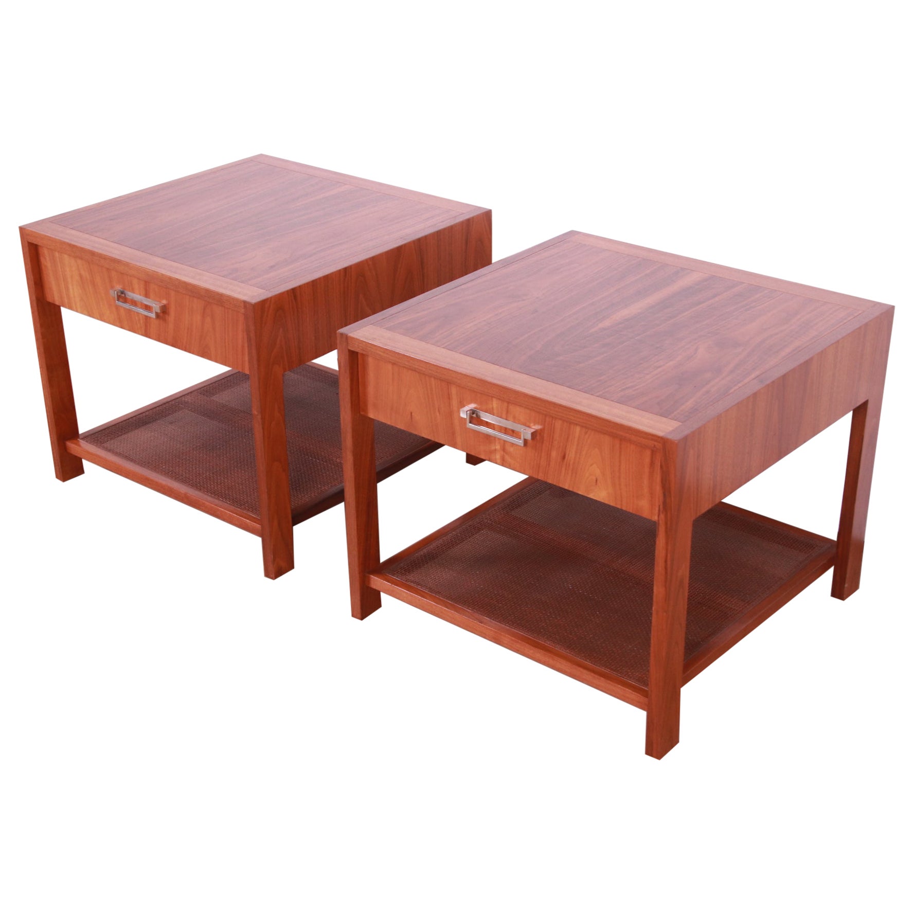 Baker Furniture Mid-Century Modern Walnut and Cane End Tables, Newly Refinished