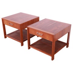 Vintage Baker Furniture Mid-Century Modern Walnut and Cane End Tables, Newly Refinished