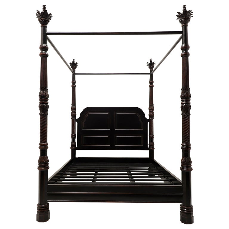 Late 20th Century Black Distressed Transitional Queen Four Poster Canopy Bed For Sale at 1stDibs