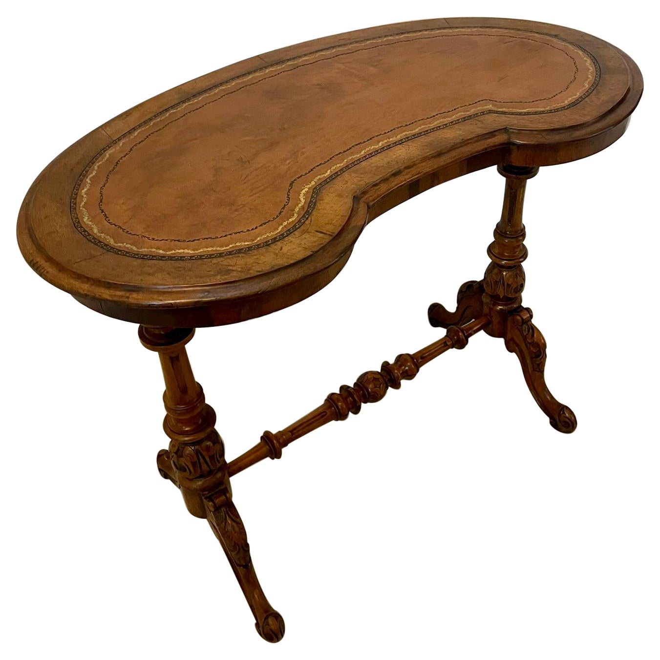 Ancienne table à écrire victorienne de qualité en ronce de noyer en forme de rein