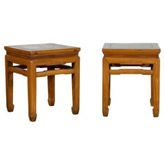Pair of Vintage Ming Dynasty Style Waisted Side Tables with Stretchers