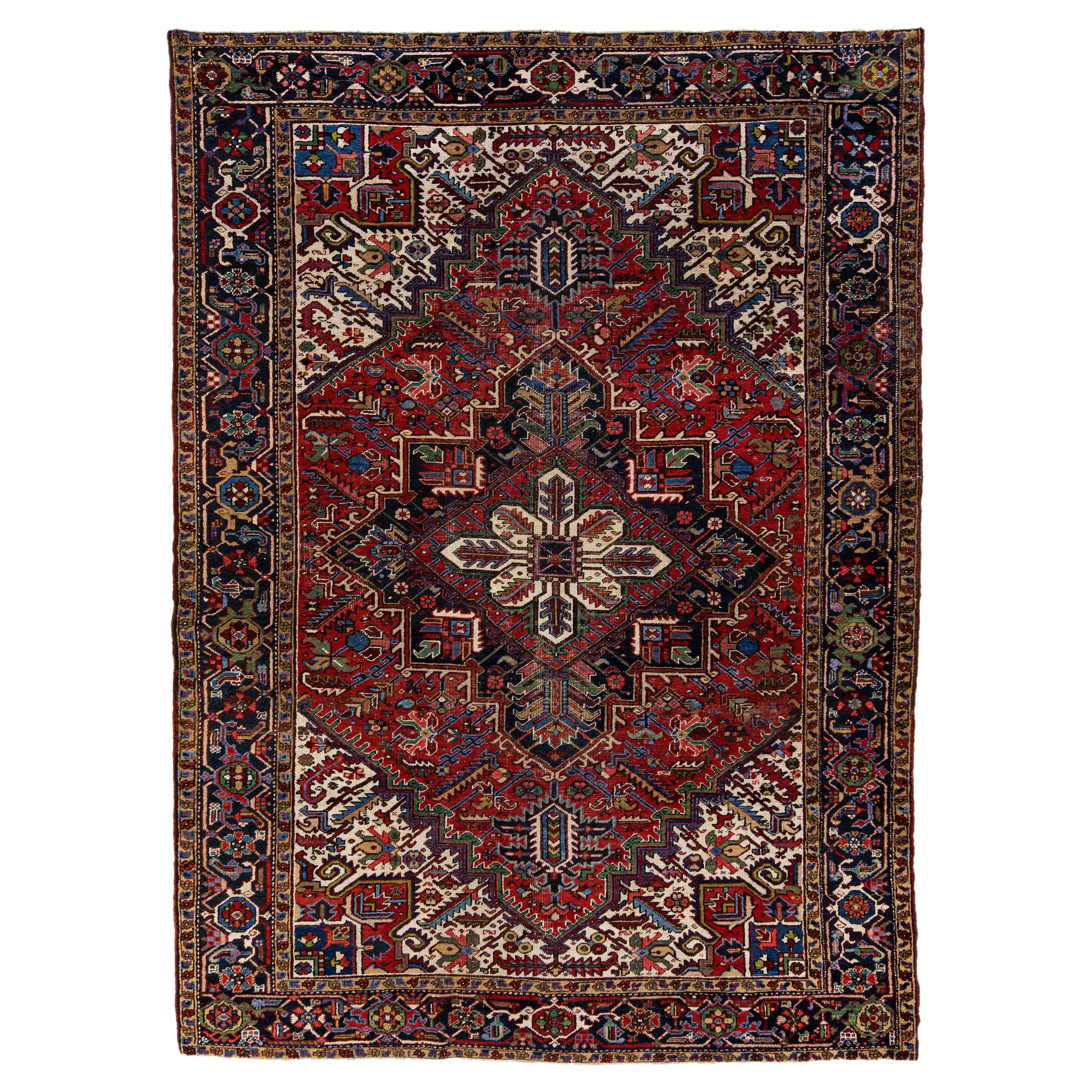 Red Antique Persian Heriz Handmade Wool Rug with Medallion Motif For Sale