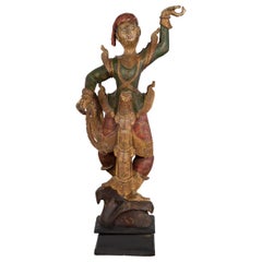 19th Century Balinese Hand-Carved and Painted Wooden Sculpture of a Young Dancer