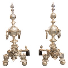 Fine Pair of Palatial 19th C Gothic Silver Gilt Bronze Chenets, Fine Detail