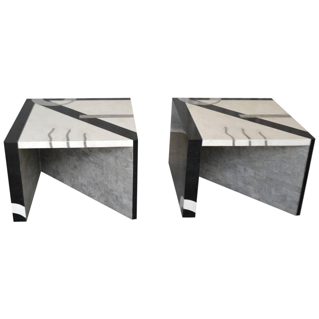 Pair of Postmodern Tessellated Stone Side Tables For Sale