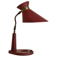 Red Leather Desk Lamp in the Style of Jacques Adnet, France 1950s