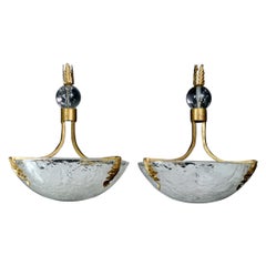 French Pair of Mid-Century Modern Lucite Dish Sconces with Textured Shades 