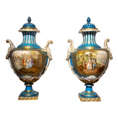 Very Fine Pair of Large 19th C French Sevre's Porcelain Robins Egg Blue Urns 