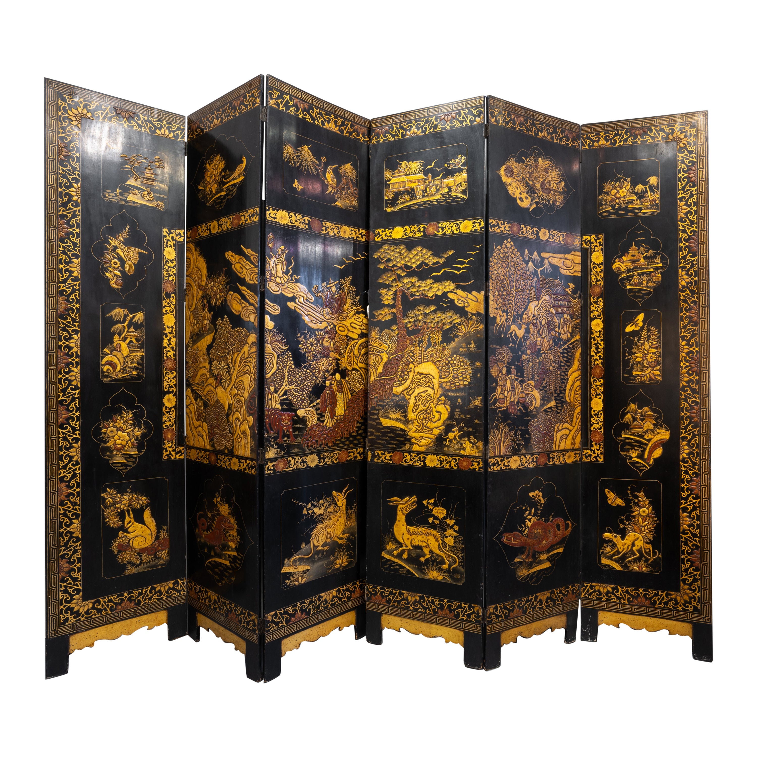 Fine 19th C English Black Lacquered and Raised 6 Panel Screen Greek Key (Paravent à 6 panneaux laqués noirs et en relief).