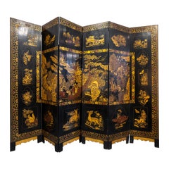 Fine 19th C English Black Lacquered and Raised 6 Panel Screen Greek Key