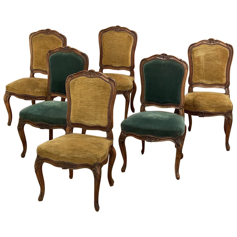 Set of 6 Antique French Louis XV Walnut Dining Chairs For Sale