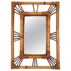 Rattan Bamboo Rectangular Sunburst Mirror, 1960s