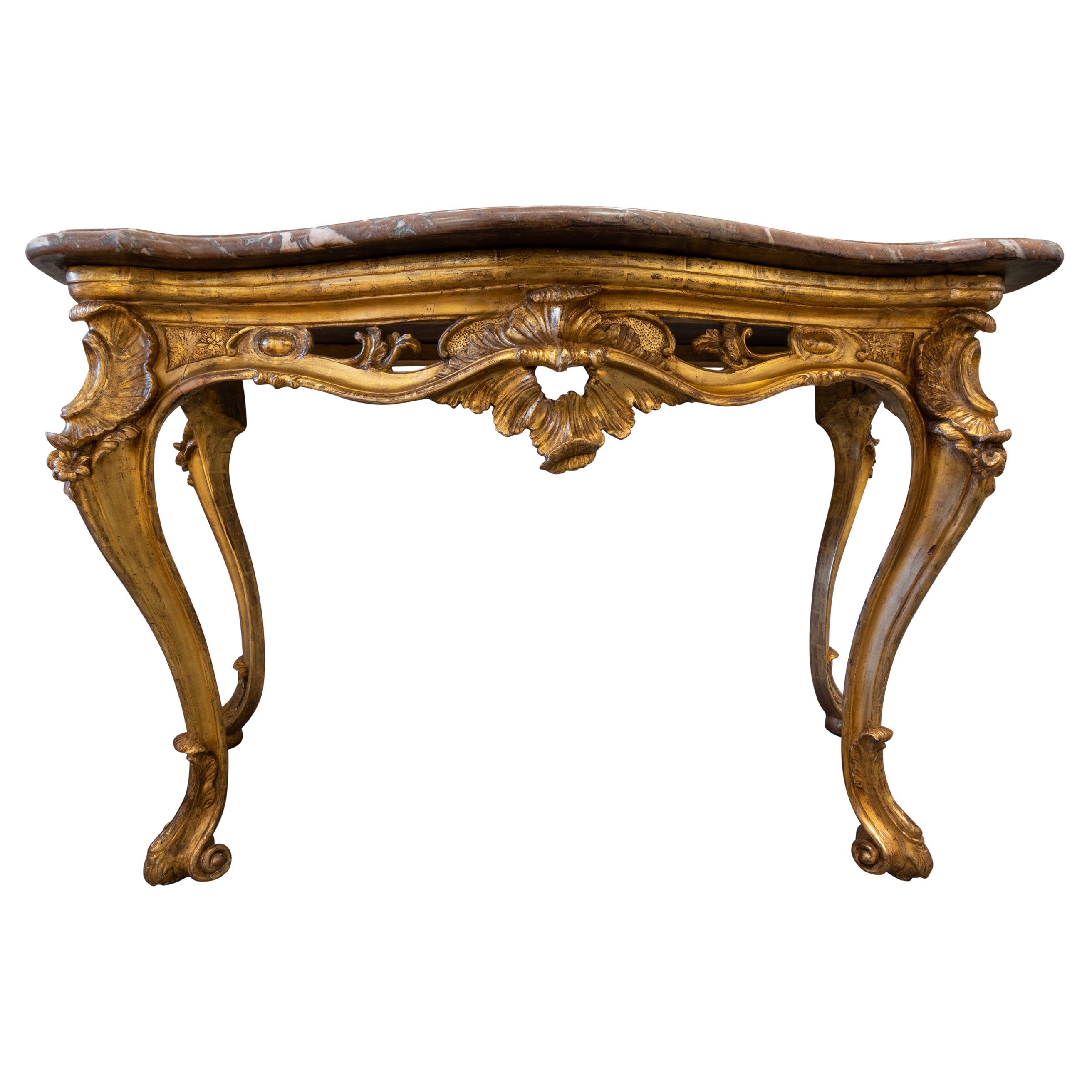 Fine Late 18th C Italian Carved and Gilr Console with the Original Marble Top For Sale