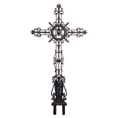 19th Century French Polished Iron Cross with Angel, Torch and Crown Motifs