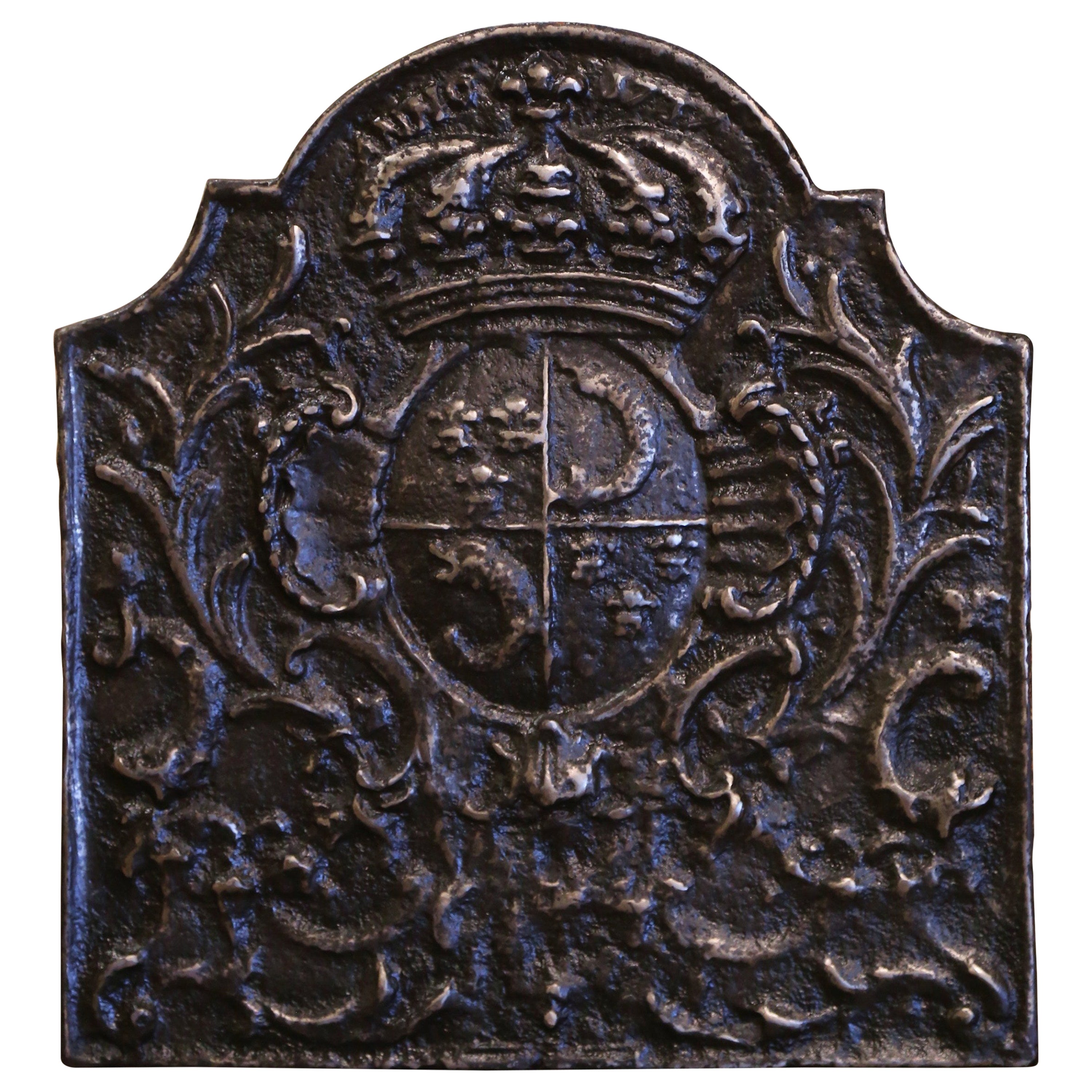 18th Century French Black Iron Fireback with Crown, Family Crest and Foliage